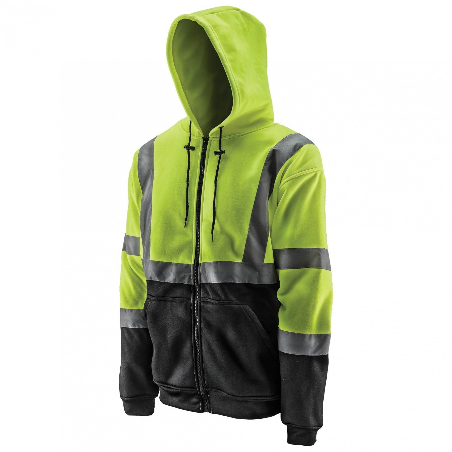 High visibility zippered sweatshirt with a black bottom.