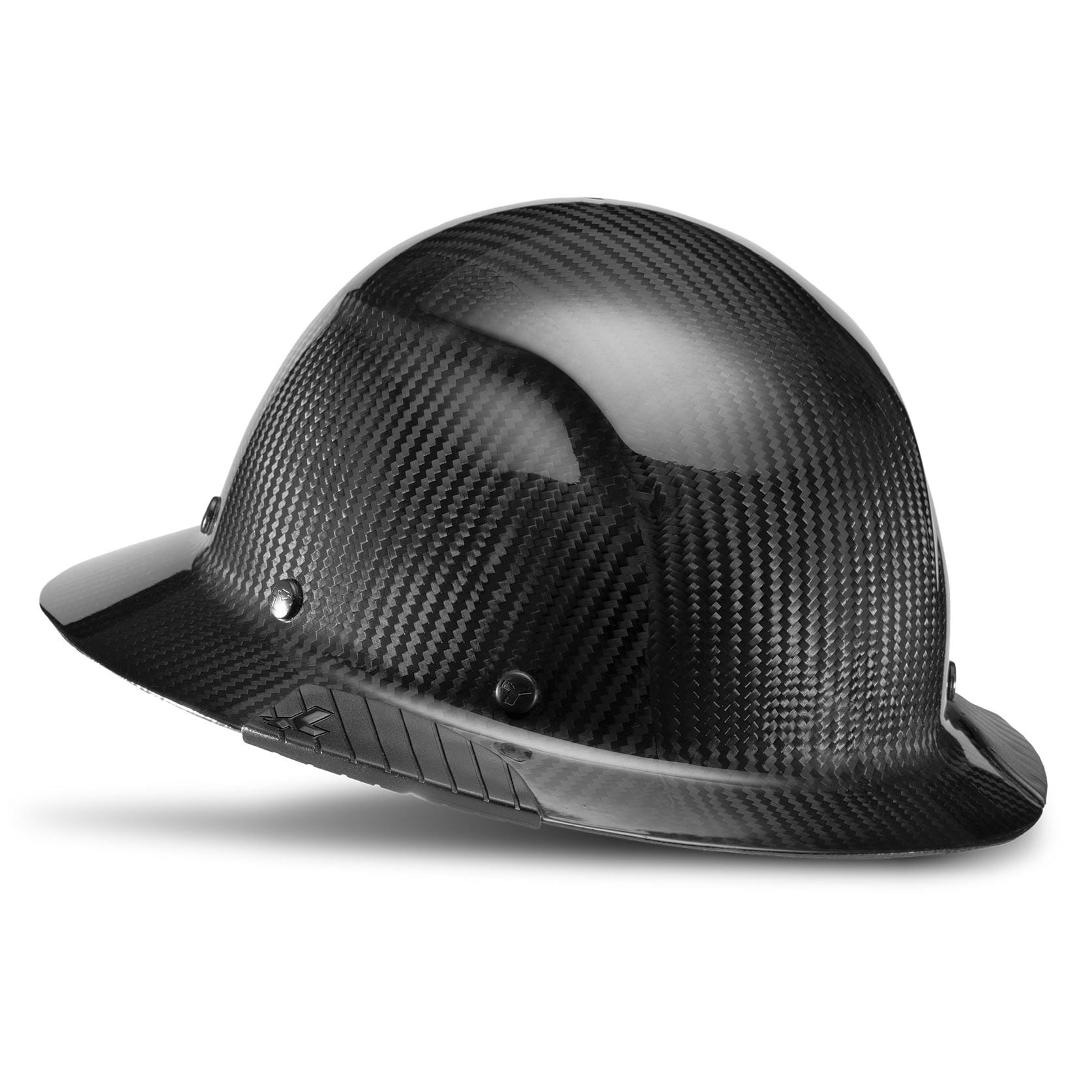 Black carbon fiber full brim hard hat with a ratchet suspension.