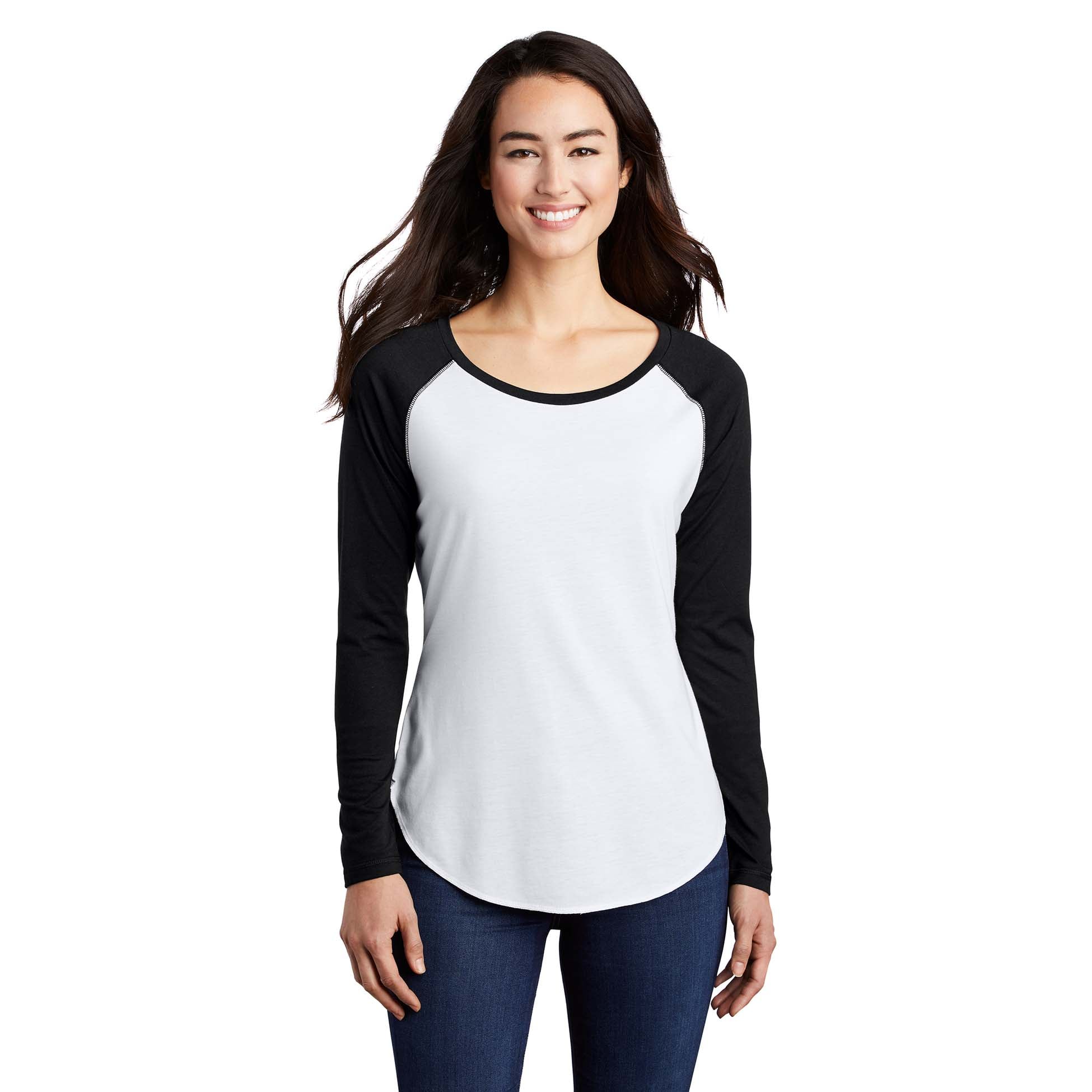 Sport-Tek LST400LS Ladies PosiCharge Long Sleeve Tri-Blend Wicking Scoop Neck Raglan Tee - Black Triad Solid/White Triad Solid
