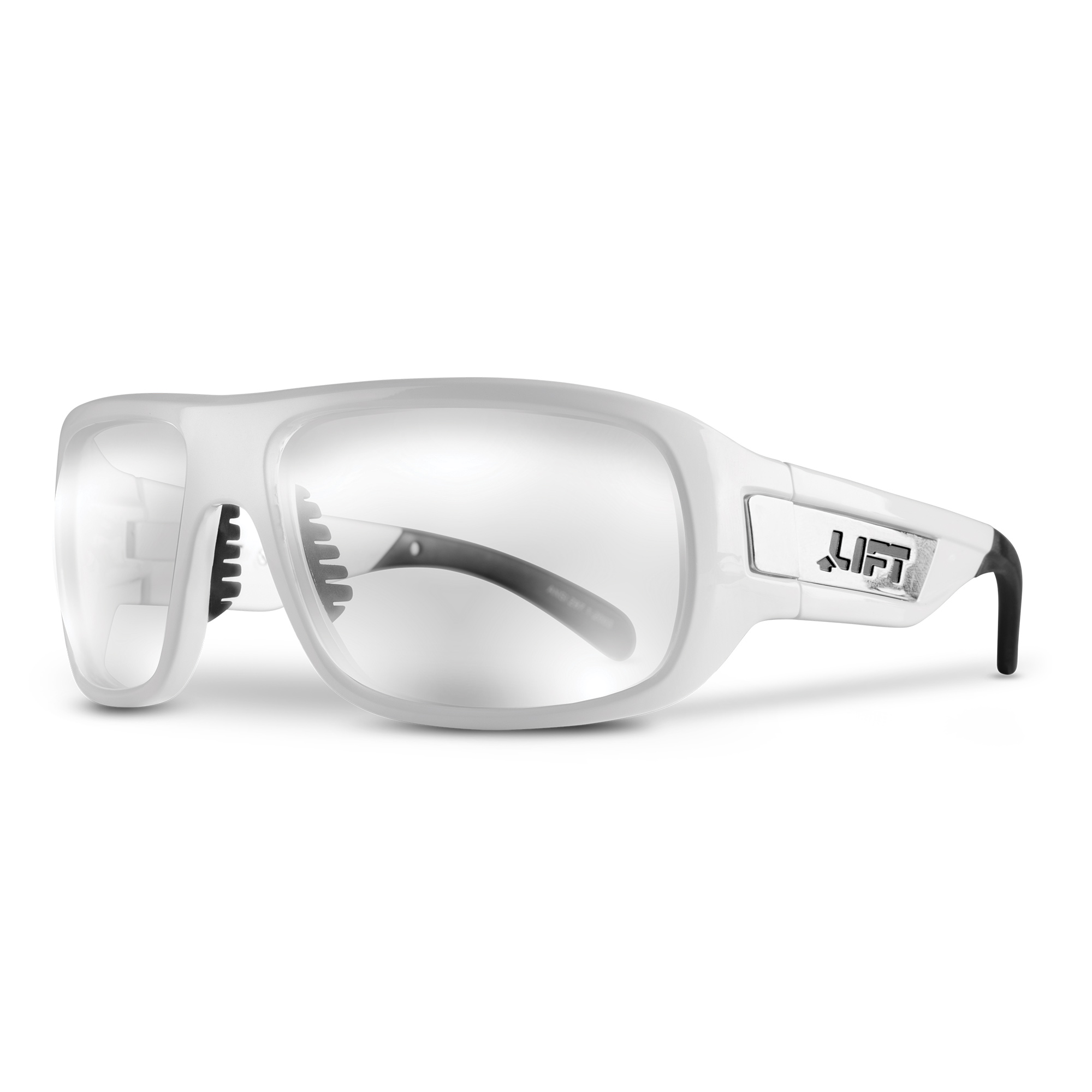 White frame safety glasses with clear lenses.