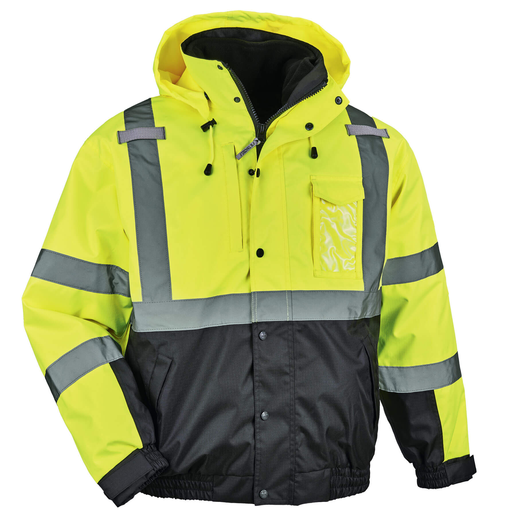 Ergodyne GloWear 8381 black bottom high visibility bomber jacket.
