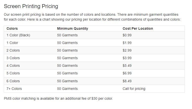 Updated Screen Print Pricing